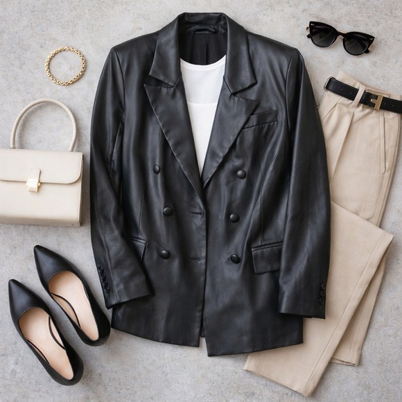 Blank NYC Jackets & Blazers - BLANKNYC Black Faux Leather Double Breasted Blazer Jacket Sz L Pockets Business